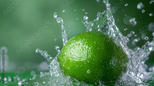 Water splashing on Fresh green lime isolated on green background .generative ai