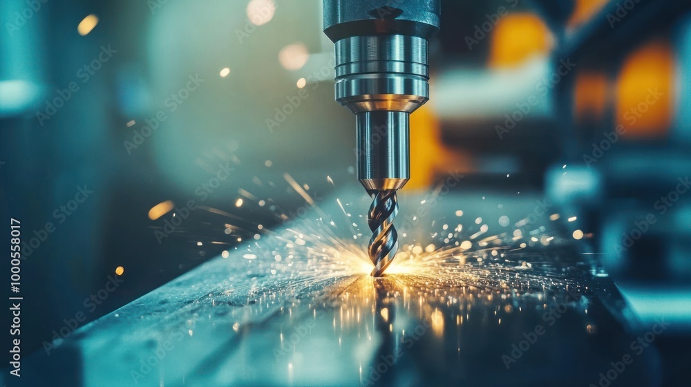 A close-up of a drill bit cutting metal, creating sparks in a workshop setting. A close-up of a drill bit cutting metal, creating sparks in a workshop setting.