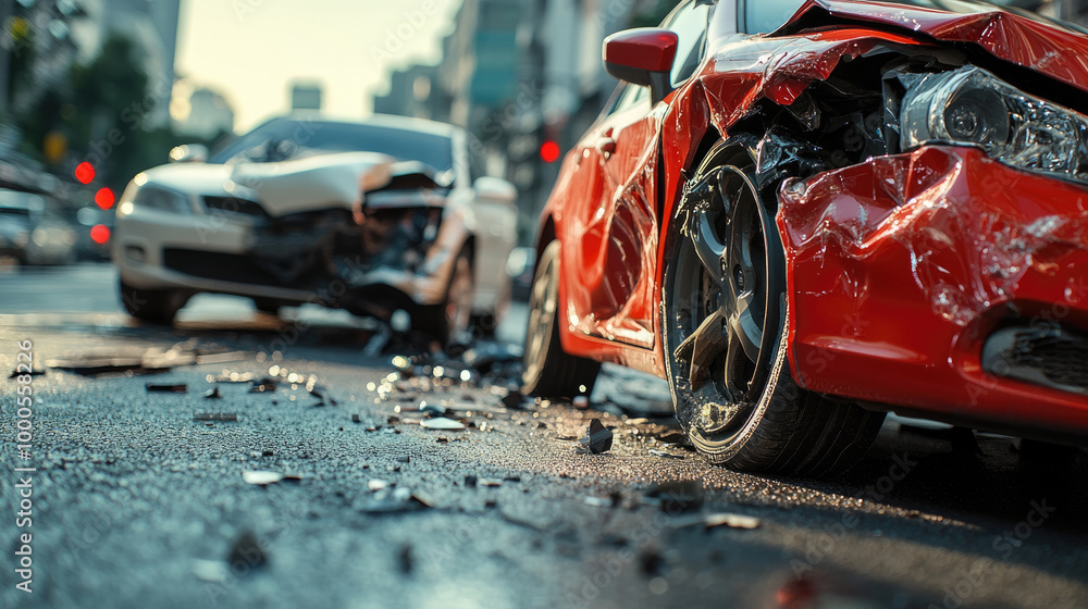 A red car is in the middle of a road with a white car in the background. The scene is chaotic and dangerous A red car is in the middle of a road with a white car in the background. The scene is chaotic and dangerous