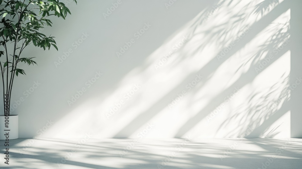 Minimalist white wall background with natural sunlight casting soft shadows, ideal for product placement or text Minimalist white wall background with natural sunlight casting soft shadows, ideal for product placement or text