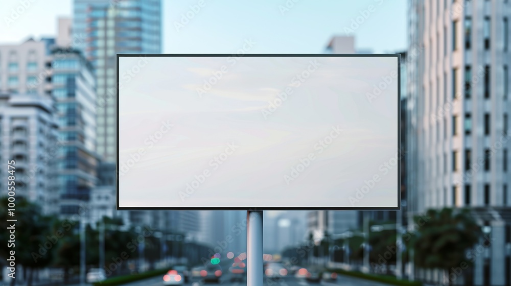 Fototapeta premium Daytime City Billboard Mockup: Realistic billboard in a bustling cityscape, prominently displaying an advertisement. Ideal for high-traffic areas like intersections and expressways, during the day.