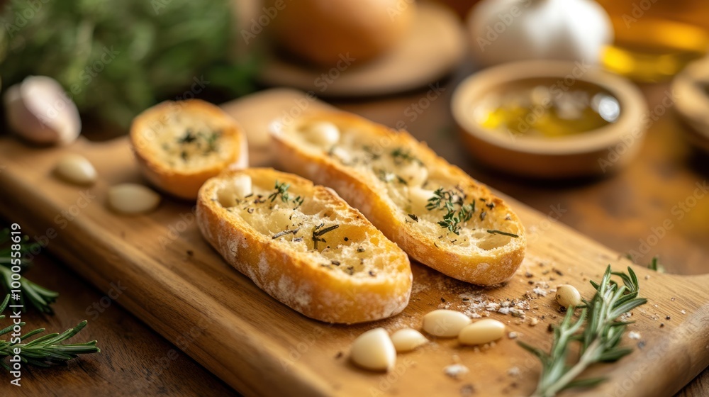 Slices of toasted bread topped with garlic, herbs, and olive oil on a wooden board. Slices of toasted bread topped with garlic, herbs, and olive oil on a wooden board.