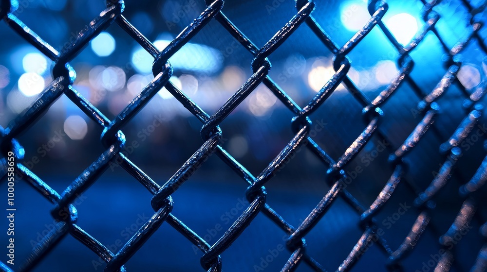 Fototapeta premium Close-up of an MMA cage's chain-link under blue lighting, capturing the intense fight night atmosphere.