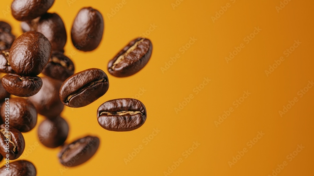 Coffee Beans Falling on Orange Background Fresh Roasted Aromatic Beans Coffee Beans Falling on Orange Background Fresh Roasted Aromatic Beans