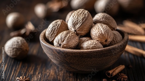 A wooden bowl filled with whole nutmeg seeds, surrounded by spices on a rustic table.