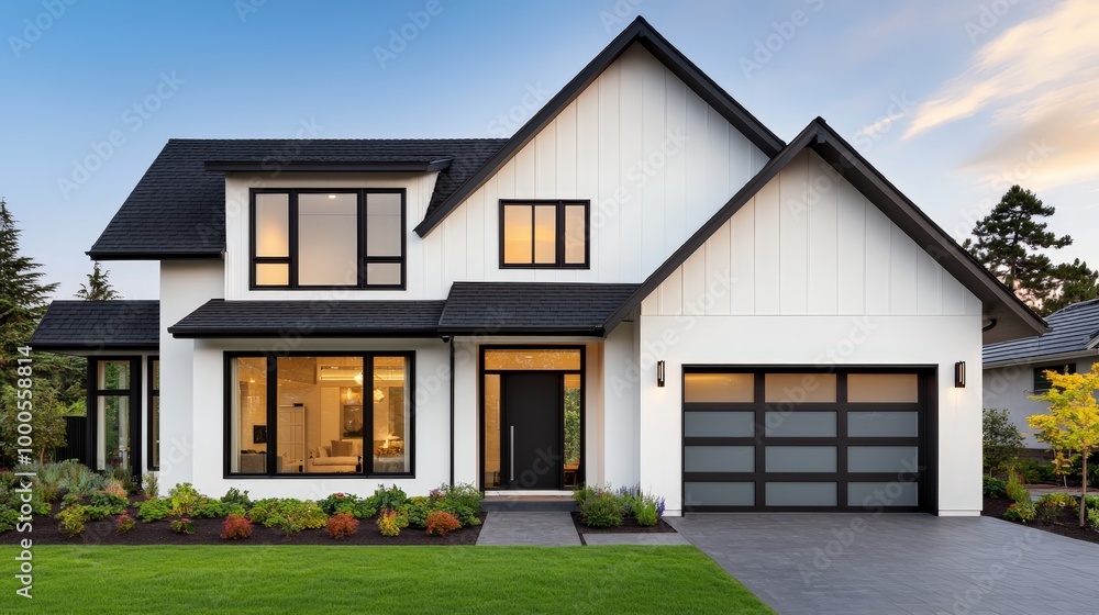 Modern Farmhouse with Black Windows and Garage Door Modern Farmhouse with Black Windows and Garage Door