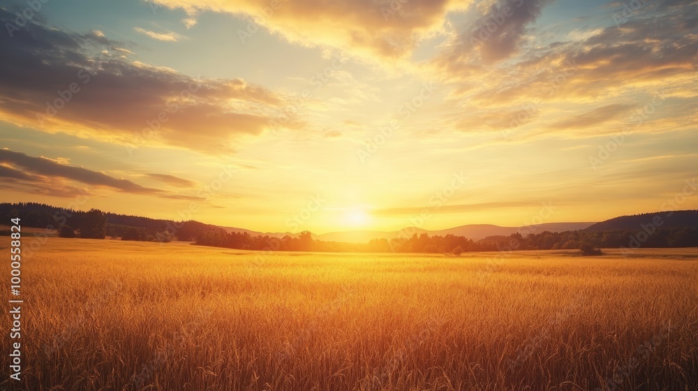 Peaceful golden sky at dusk, with soft clouds and warm tones casting a calming light over a rural field Peaceful golden sky at dusk, with soft clouds and warm tones casting a calming light over a rural field