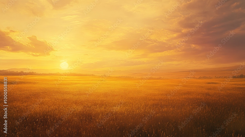 Peaceful golden sky at dusk, with soft clouds and warm tones casting a calming light over a rural field Peaceful golden sky at dusk, with soft clouds and warm tones casting a calming light over a rural field