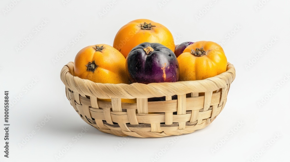 A woven basket filled with colorful, round vegetables on a white background. A woven basket filled with colorful, round vegetables on a white background.