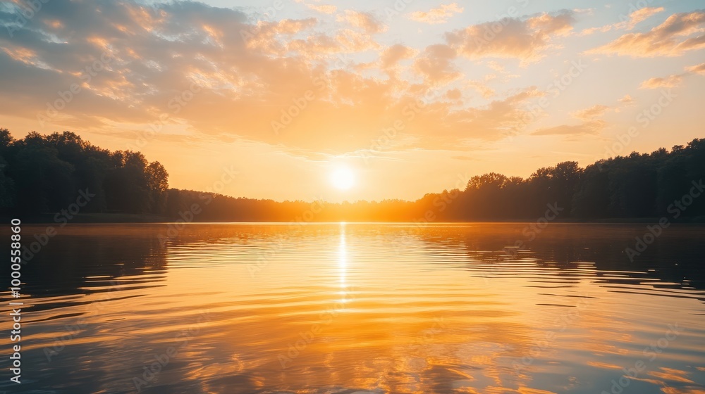 Peaceful golden sky at sunset with soft clouds and warm tones reflecting on a calm lake, creating a serene atmosphere Peaceful golden sky at sunset with soft clouds and warm tones reflecting on a calm lake, creating a serene atmosphere