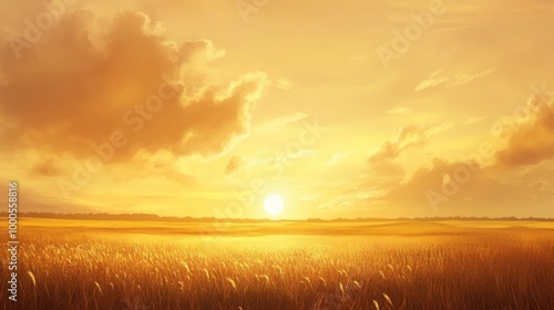 Peaceful golden sky at dusk, with soft clouds and warm tones casting a calming light over a rural field