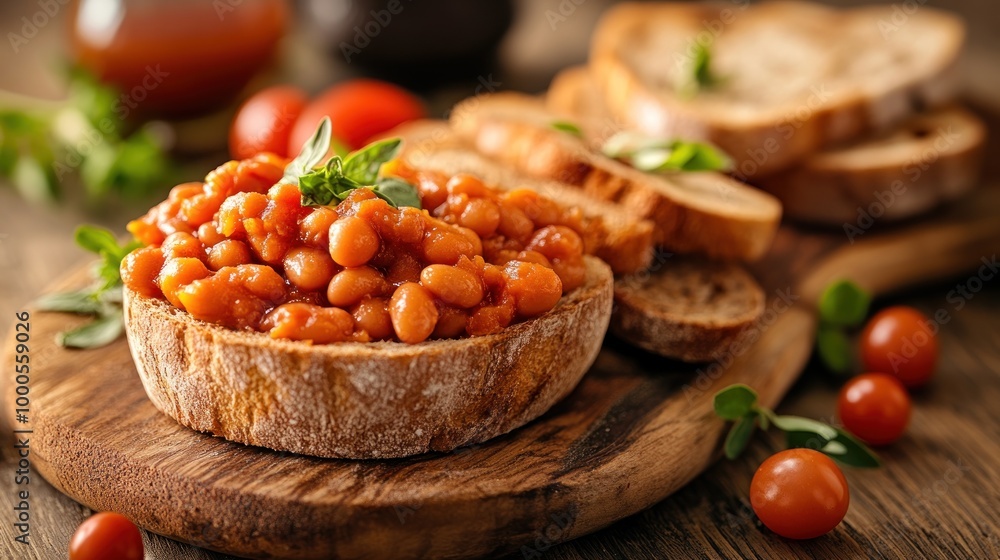A rustic dish of baked beans served on toasted bread with cherry tomatoes and herbs. A rustic dish of baked beans served on toasted bread with cherry tomatoes and herbs.