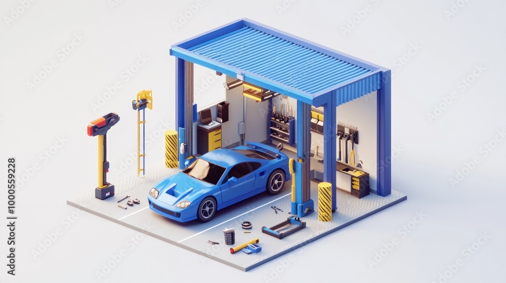 Fototapeta premium A 3D model of a car garage with tools and a blue sports car inside.