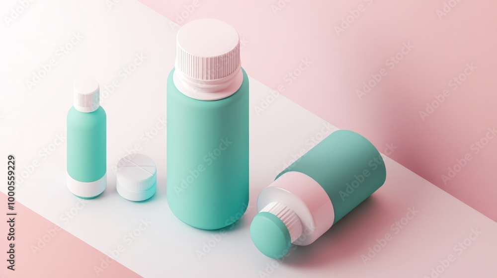 A collection of teal and white bottles, showcasing various shapes and sizes for packaging. A collection of teal and white bottles, showcasing various shapes and sizes for packaging.