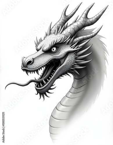 Hand-drawn dragon with fierce expression and detailed features