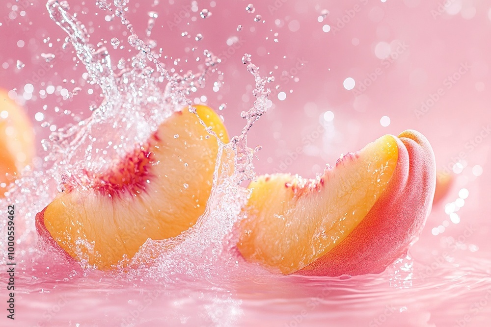 Fototapeta premium Water splashing on Peach and Peach slice isolater on a pink background .generative ai