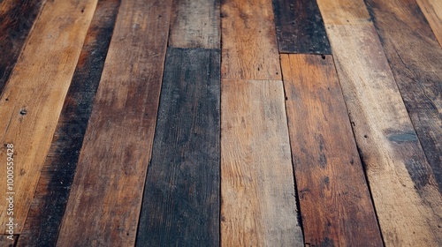 Rustic wooden floor with a vintage feel, worn and weathered planks capturing the texture of time