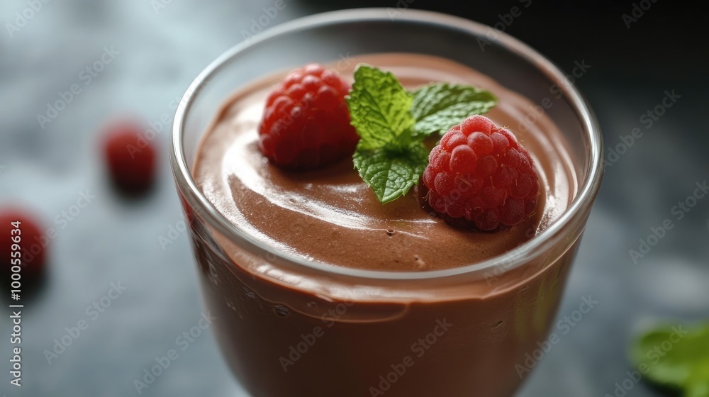 Smooth chocolate mousse in a dessert glass, topped with a fresh raspberry and mint leaf Smooth chocolate mousse in a dessert glass, topped with a fresh raspberry and mint leaf