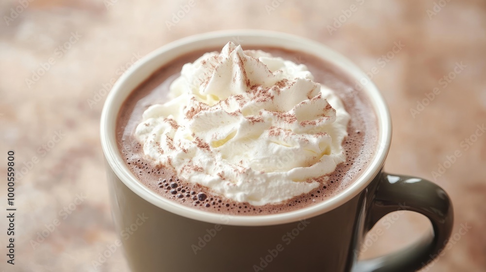 Smooth, creamy hot chocolate in a mug with whipped cream, creating a cozy and indulgent treat Smooth, creamy hot chocolate in a mug with whipped cream, creating a cozy and indulgent treat