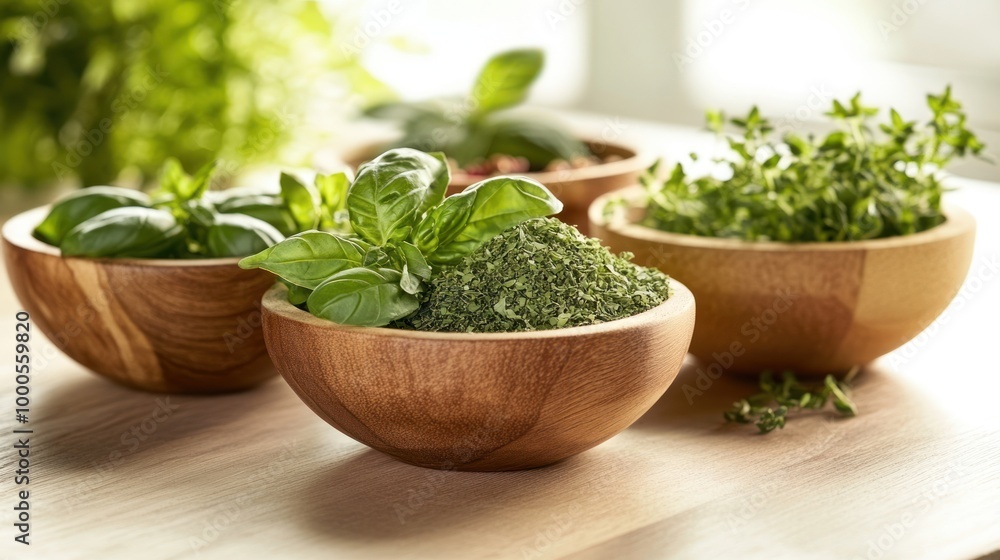 A collection of fresh herbs in wooden bowls, ideal for cooking and garnishing dishes. A collection of fresh herbs in wooden bowls, ideal for cooking and garnishing dishes.