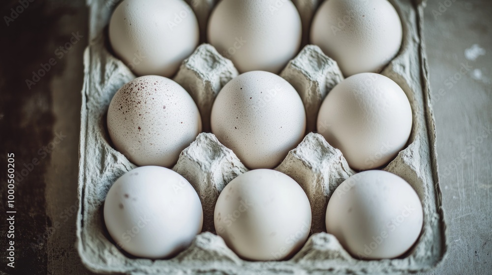 A carton containing ten white eggs arranged neatly for culinary use. A carton containing ten white eggs arranged neatly for culinary use.