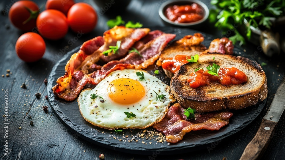 A delicious breakfast plate featuring eggs, bacon, toast, and tomatoes, garnished with salsa. A delicious breakfast plate featuring eggs, bacon, toast, and tomatoes, garnished with salsa.