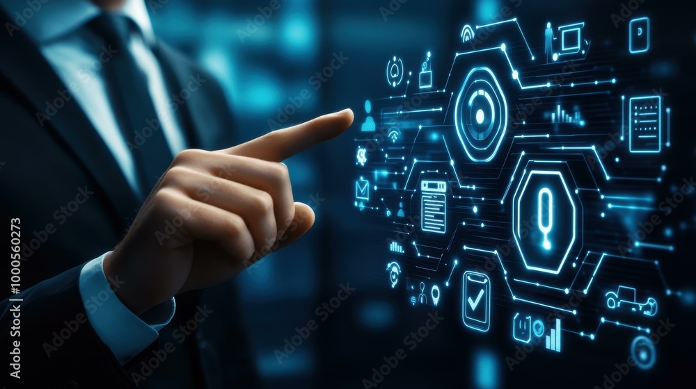 A businessman engages with a futuristic virtual display, showcasing cloud tech and IoT icons, symbolizing the digital realm. A businessman engages with a futuristic virtual display, showcasing cloud tech and IoT icons, symbolizing the digital realm.