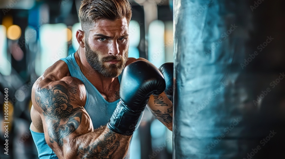 Focused male boxer training in gym, punching a heavy bag, wearing blue top and black gloves, intense expression. Focused male boxer training in gym, punching a heavy bag, wearing blue top and black gloves, intense expression.