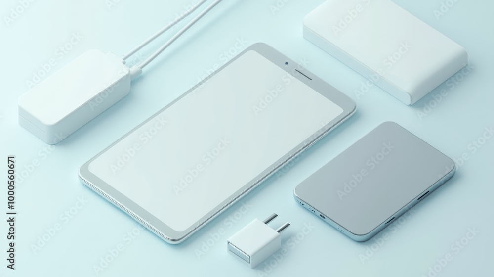 A minimalist arrangement of a smartphone, charger, and power bank on a light background. A minimalist arrangement of a smartphone, charger, and power bank on a light background.