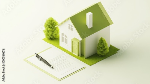 A model house with a pen and document, symbolizing real estate or home ownership. photo