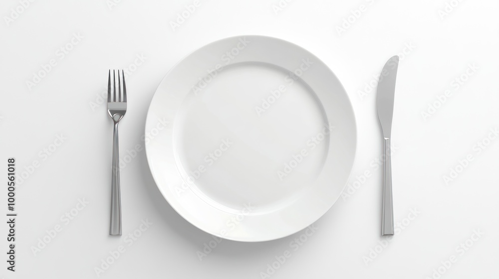 A simple table setting featuring a white plate, fork, and knife on a clean surface. A simple table setting featuring a white plate, fork, and knife on a clean surface.
