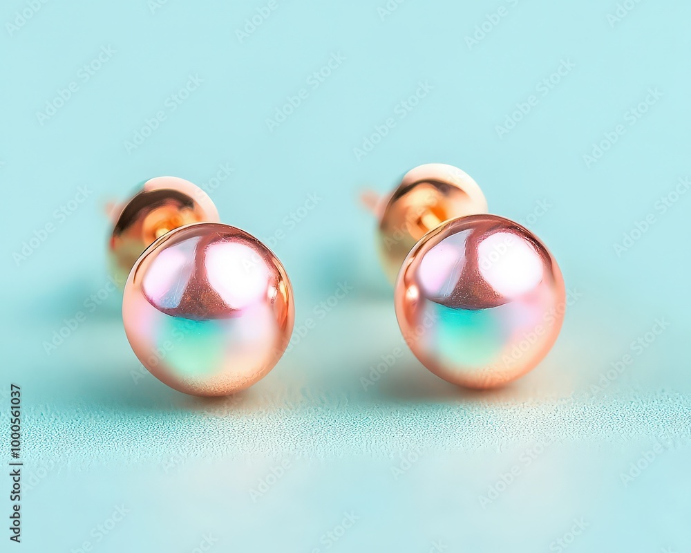 Elegant Pink Pearl Earrings on Soft Blue Background Elegant Pink Pearl Earrings on Soft Blue Background