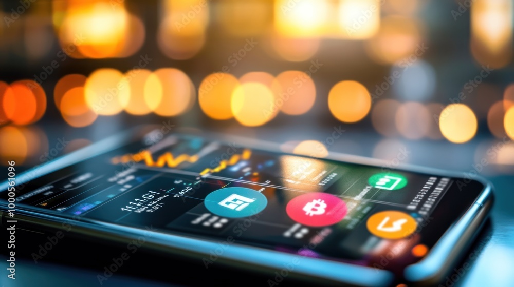A smartphone displaying financial data with vibrant bokeh background. A smartphone displaying financial data with vibrant bokeh background.
