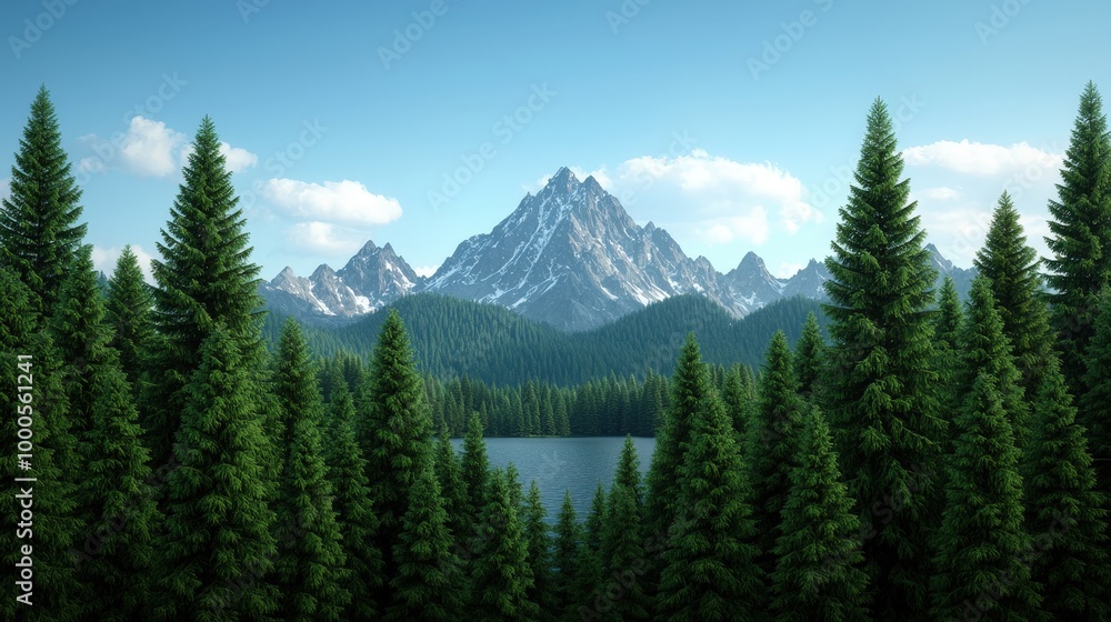 Fototapeta premium Tranquil Mountain Lake with Evergreen Forest and Majestic Peak