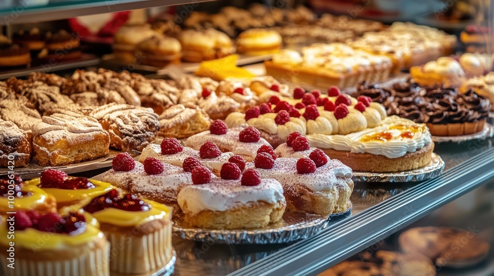 A display of various delicious pastries and desserts in a bakery showcase. A display of various delicious pastries and desserts in a bakery showcase.