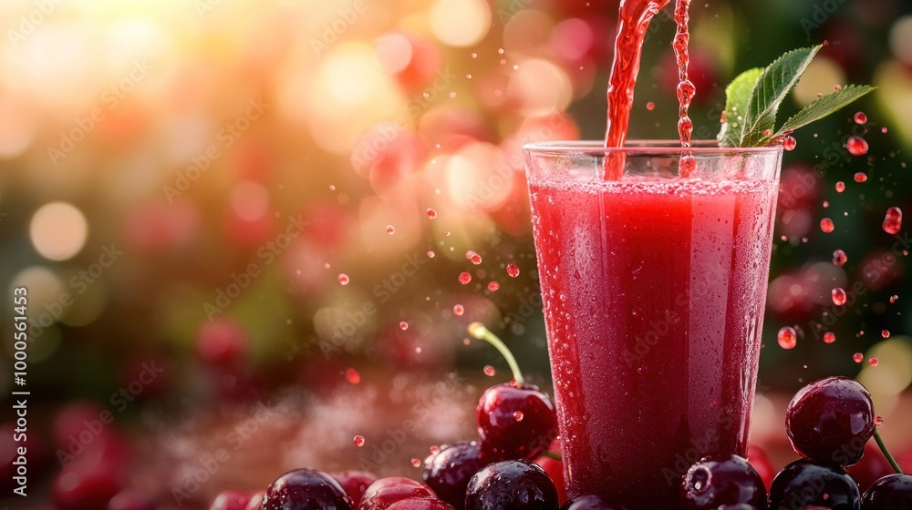 A refreshing cherry drink splashes into a glass, surrounded by fresh cherries. A refreshing cherry drink splashes into a glass, surrounded by fresh cherries.