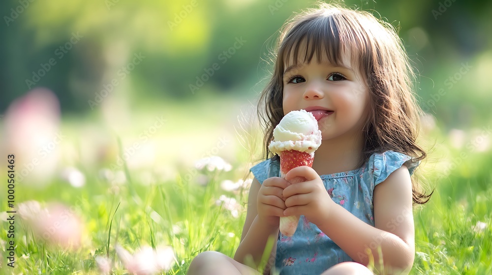 Cute Little Girl Enjoying Ice Cream in a Park Cute Little Girl Enjoying Ice Cream in a Park