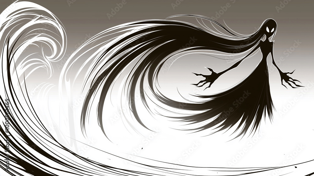 A haunting illustration of a dark figure with flowing hair and expressive hands, set against a contrasting background. A haunting illustration of a dark figure with flowing hair and expressive hands, set against a contrasting background.