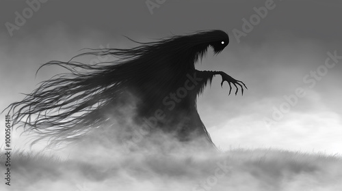 A dark, shadowy figure looms ominously through a misty landscape, evoking mystery and fear in a haunting atmosphere.