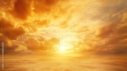 Vibrant golden sky with dramatic clouds over a desert landscape, creating a warm and captivating atmosphere -