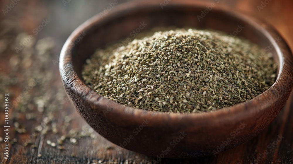 A wooden bowl filled with dried herbs, showcasing natural textures and earthy colors. A wooden bowl filled with dried herbs, showcasing natural textures and earthy colors.