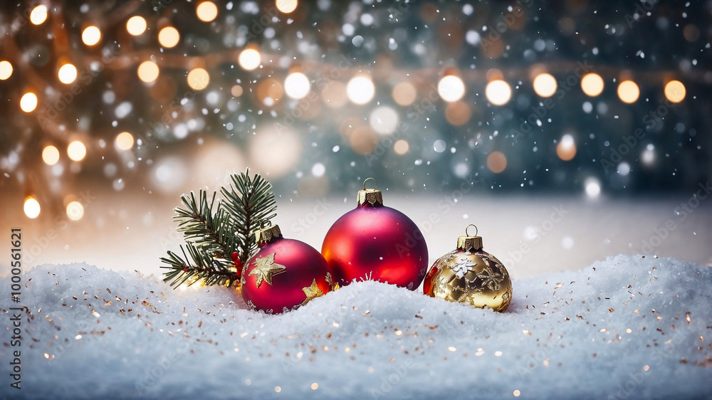 A Christmas ball in the middle of the snow with a bokeh background of pretty lights. Perfect for Christmas poster design or Christmas greeting A Christmas ball in the middle of the snow with a bokeh background of pretty lights. Perfect for Christmas poster design or Christmas greeting