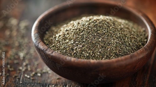 A wooden bowl filled with dried herbs, showcasing natural textures and earthy colors.