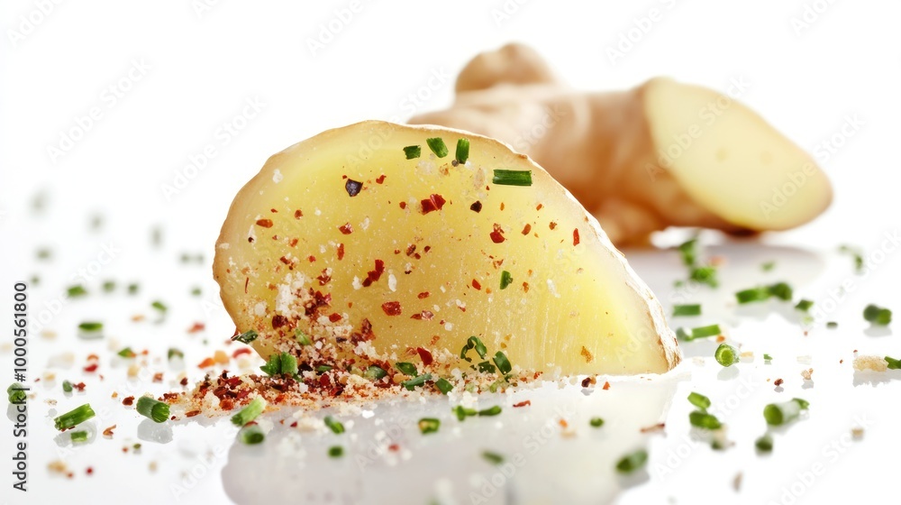 A fresh piece of ginger with spices and herbs scattered around it, highlighting culinary use. A fresh piece of ginger with spices and herbs scattered around it, highlighting culinary use.