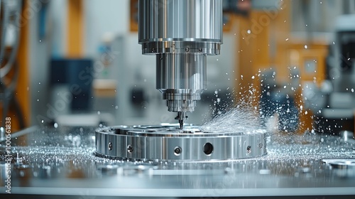 Close-up of a metal cutting machine in operation with water spray.