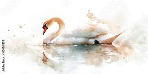 Fototapeta Naklejka Na Ścianę i Meble -  Watercolor painting of a swan swimming.