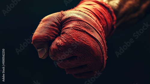 Close-up of a boxer’s clenched fist wrapped in red, signaling readiness and determination against a dark backdrop.