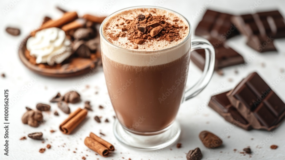 Fototapeta premium A glass mug filled with hot chocolate topped with cocoa powder and chocolate shavings. The mug is surrounded by chocolate bars, cocoa beans, cinnamon sticks, and whipped cream.