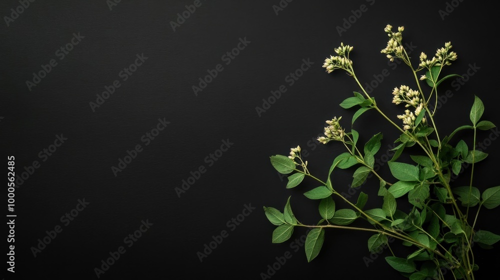 A close-up of green leaves and small flowers on a dark background. A close-up of green leaves and small flowers on a dark background.