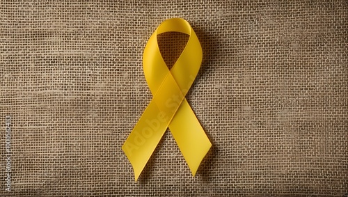 Yellow ribbon on textile background with copy space for endometriosis awareness month or sign for microencephaly and suicide prevention photo